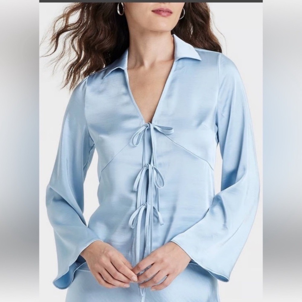A New Day Women's Long Sleeve Satin Tie Front Blouse Size L classic elegant